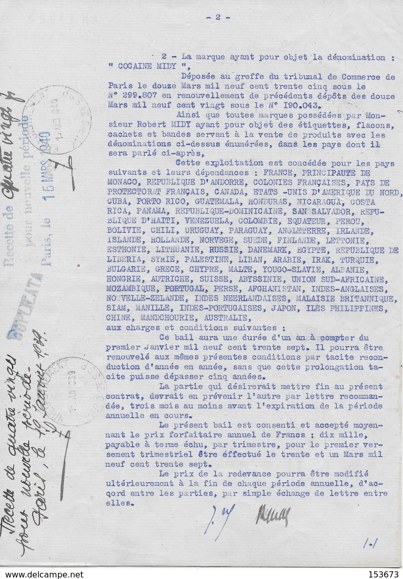 Bail Pour Utilisation Des Marques Pharmaceutiques CASCARA MIDY Et COCAÏNE MIDY 1937 à 1946 - Other & Unclassified