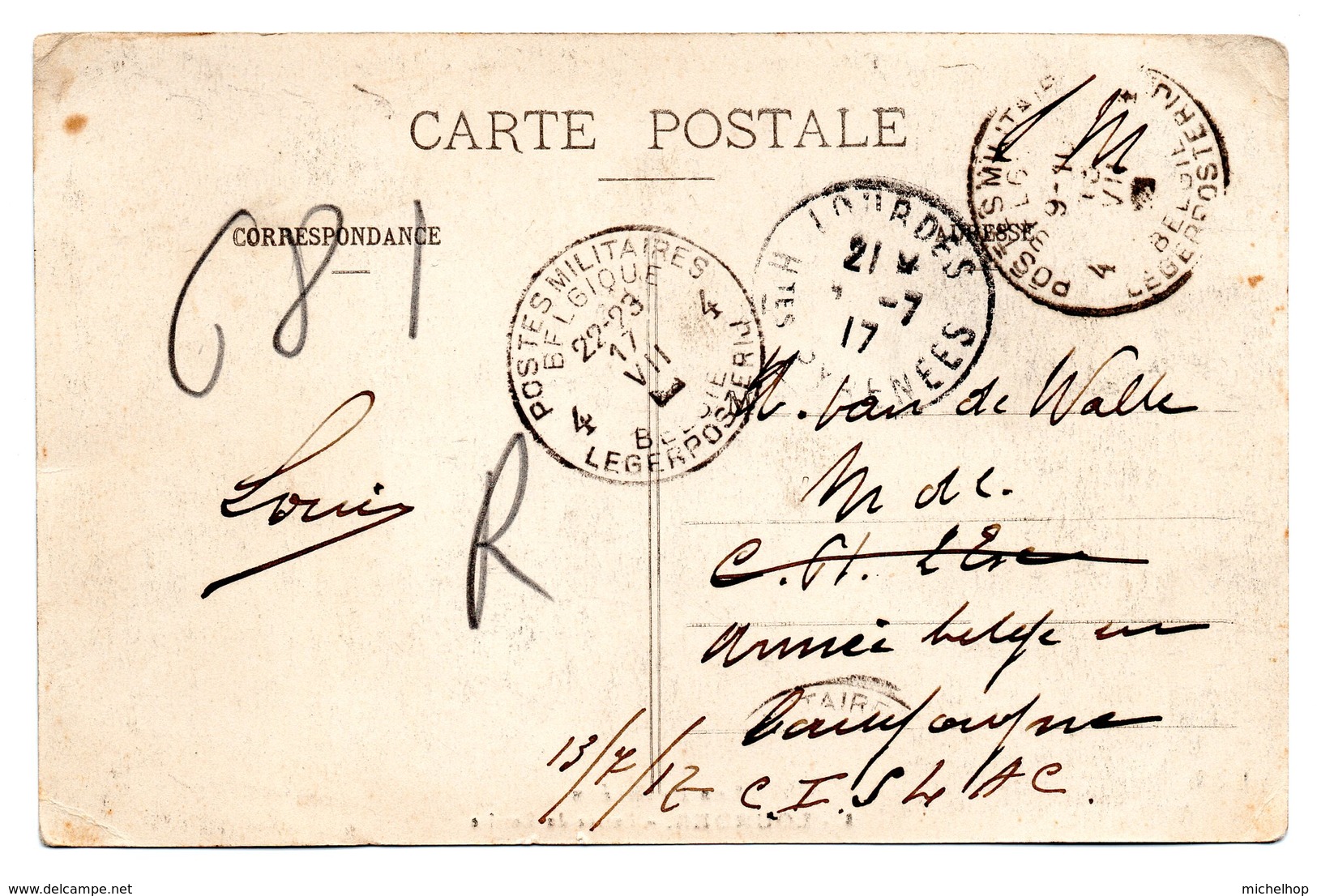 CV Expédiée De Lourdes (F) Vers Un Militaire Belge (cachet D'arrivée P.M.B. 4) - Altri & Non Classificati