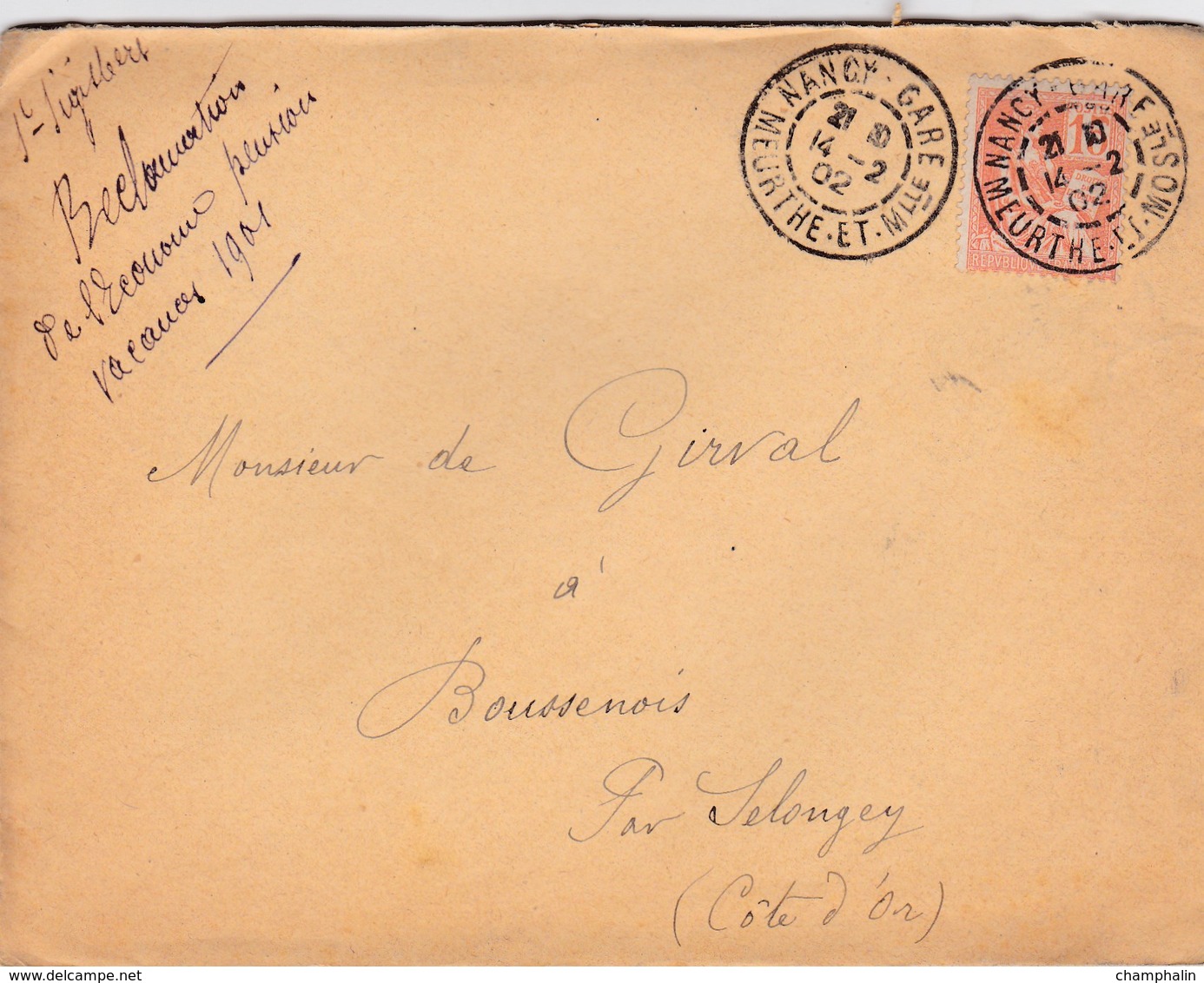 LAC De Nancy (54) Pour Boussenois (Selongey-21) - 14/02/1902 - Timbre 15c YT 117 - CAD Type 84 - Ecole Saint-Sigisbert - 1877-1920: Période Semi Moderne