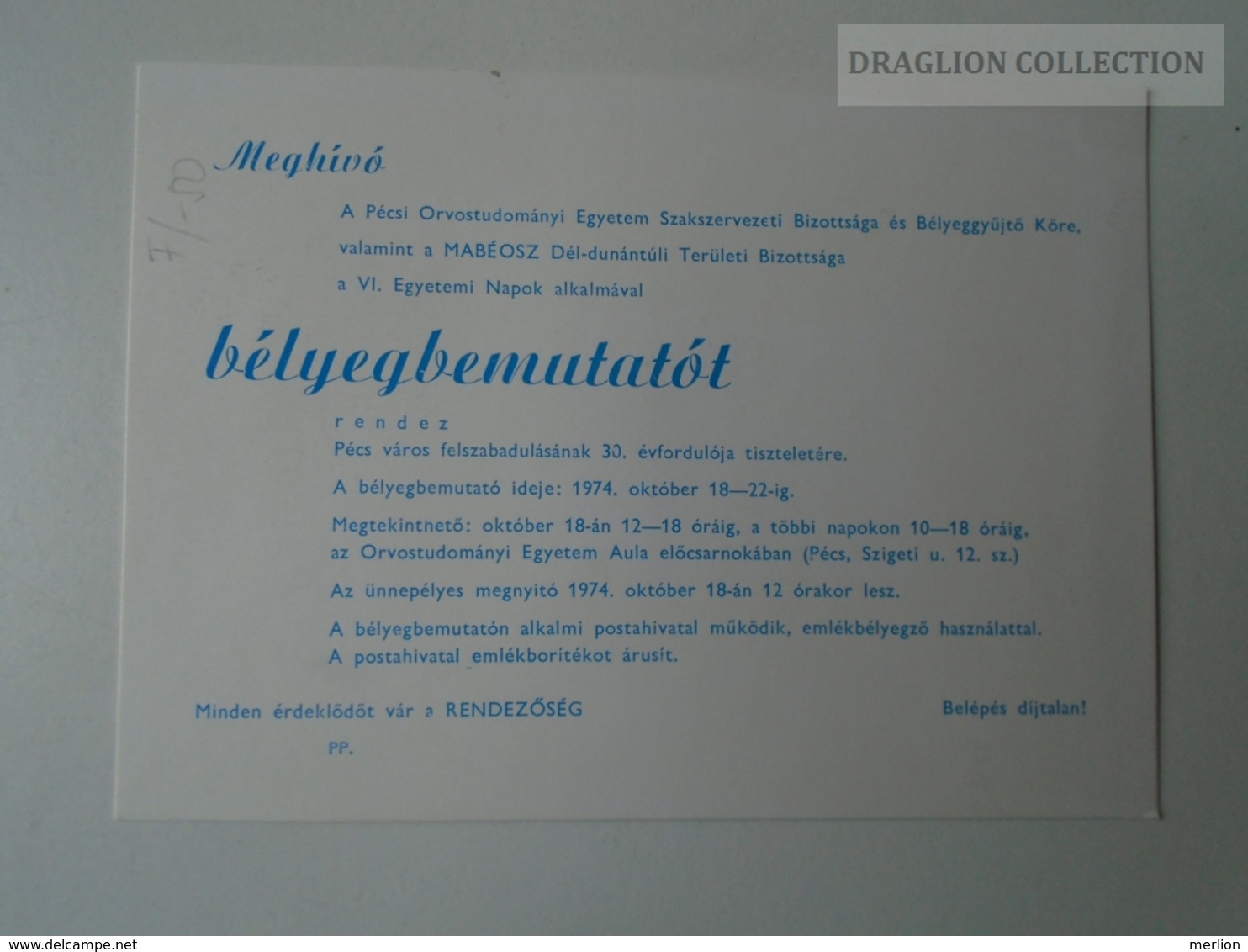 D161785   Commemorative - Hungary - PÉCS Orvosi Egyetemi Napok  1974  Bélyegbemutató Meghívó - Hojas Conmemorativas