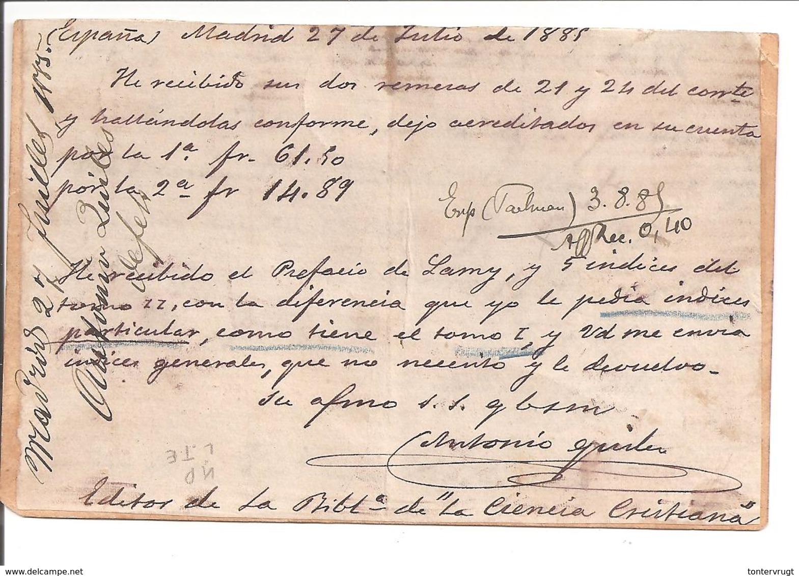 T.P. Madrid>Belgique Estafeta 28.6.85 - 1850-1931