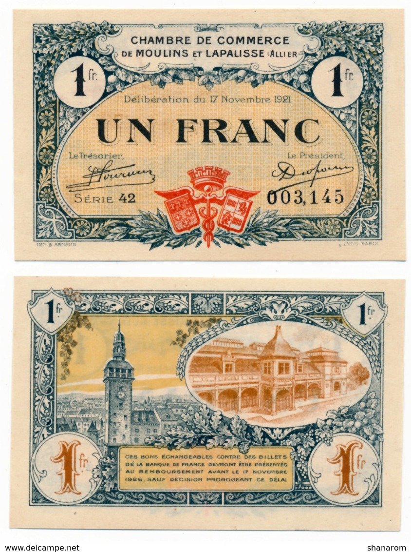 1914-1918 // C.D.C. // MOULINS & LAPALISSE // 17 Novembre 1921 // Un Franc // Sans Filigrane - Chambre De Commerce