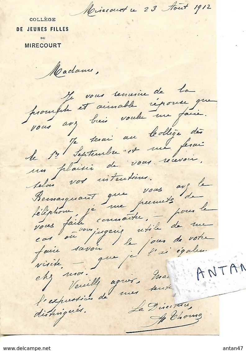 Lettre 1912 (format 18 X 11.5 Cm) / 88 MIRECOURT / Collège De Jeunes Filles / Directrice A THOMAS - 1900 – 1949