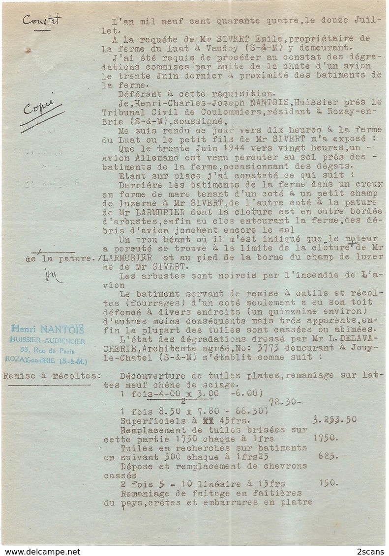 Dépt 77 - VAUDOY - Dossier Reconstruction, Suite ACCIDENT AVION ALLEMAND 30 Juin 1944 Guerre WW2 - FERME Du LUAT, SIVERT - Autres & Non Classés