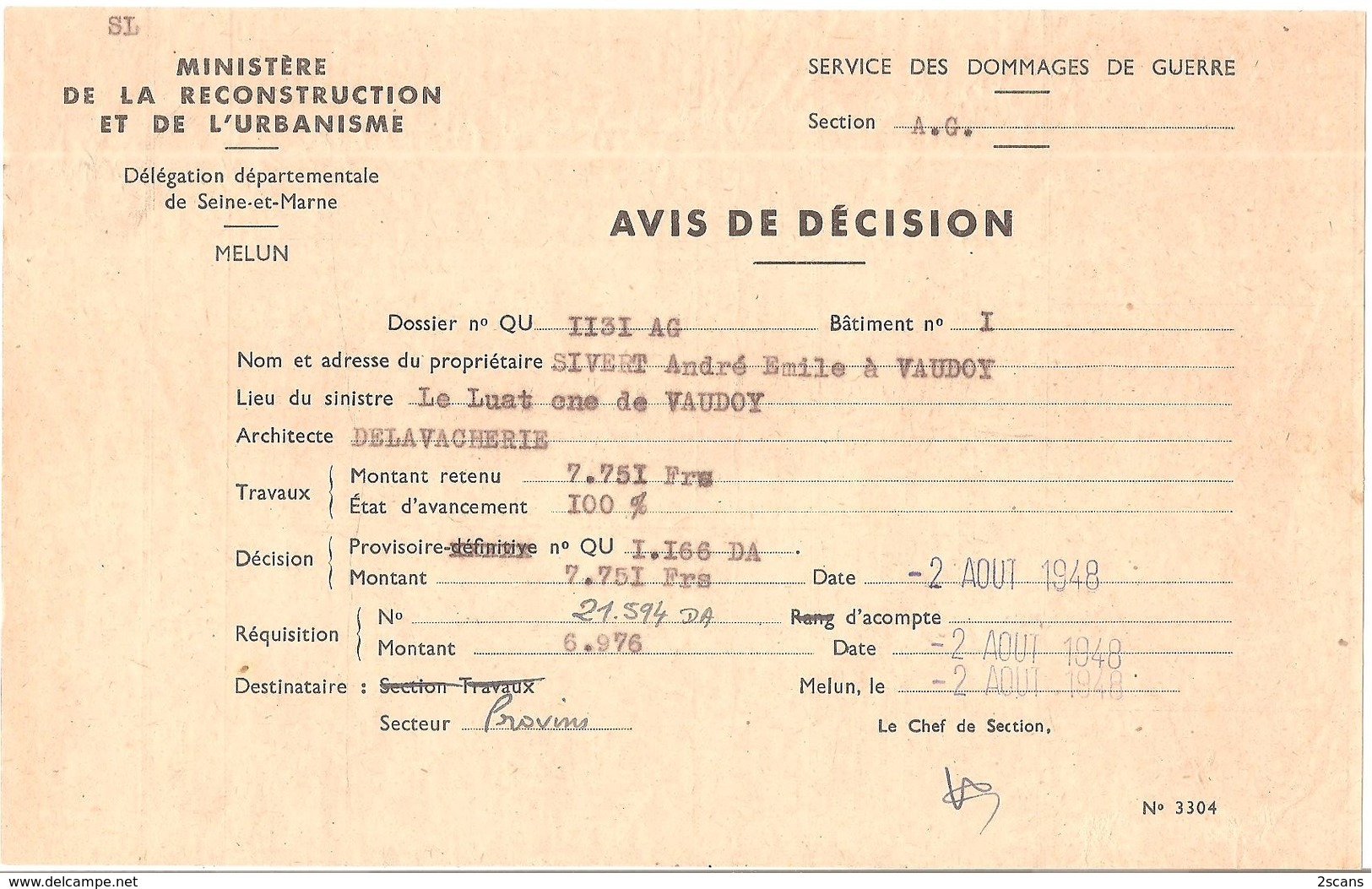 Dépt 77 - VAUDOY - Dossier Reconstruction, suite ACCIDENT AVION ALLEMAND 30 juin 1944 Guerre WW2 - FERME du LUAT, SIVERT