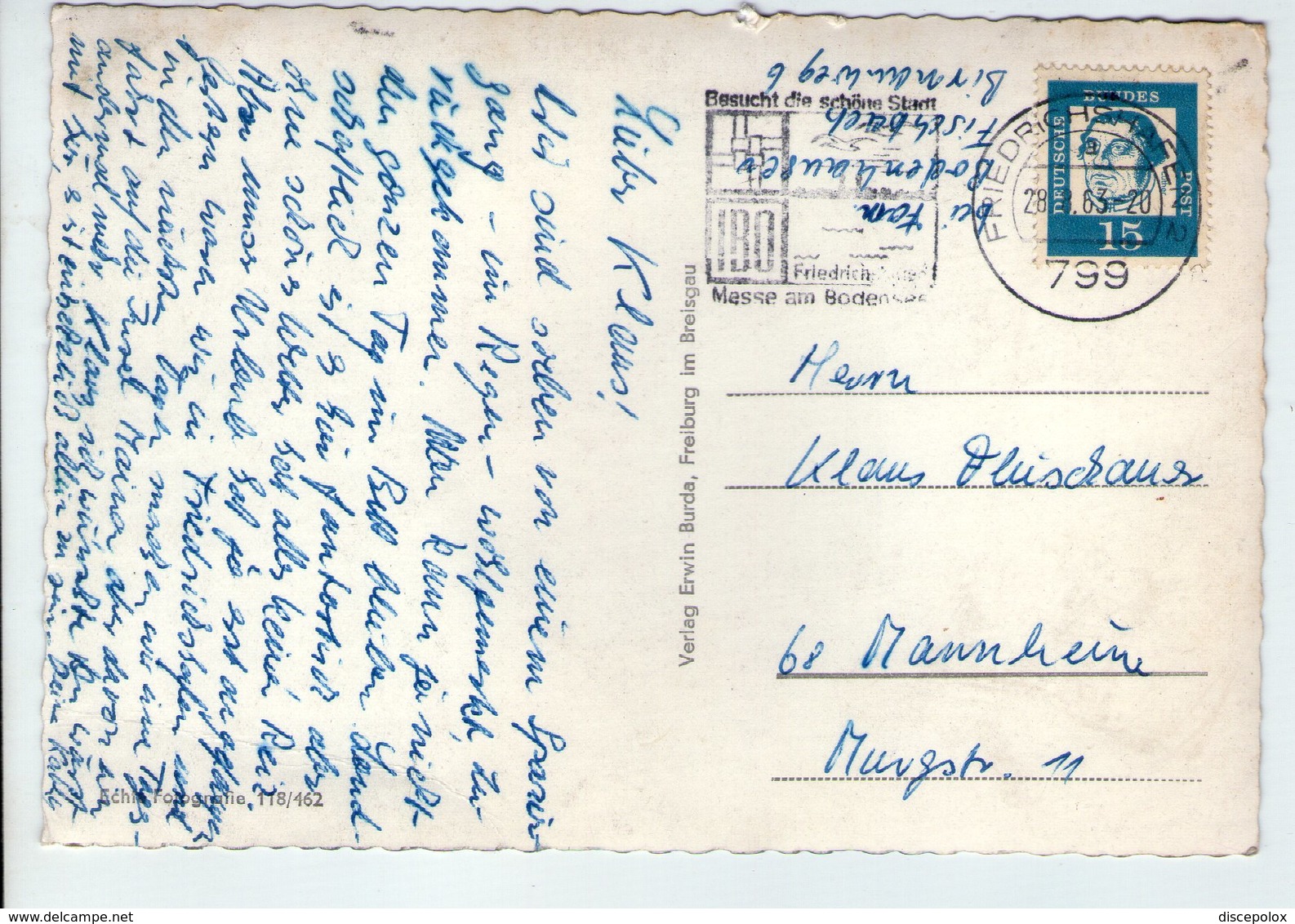 U3710 Nice Stamp And Timbre 1963 BASUCHT DIE SCHOITE STADT On Postcard FRIEDRICHSHAFEN _ Verlag ERWIN BURDE - Friedrichshafen