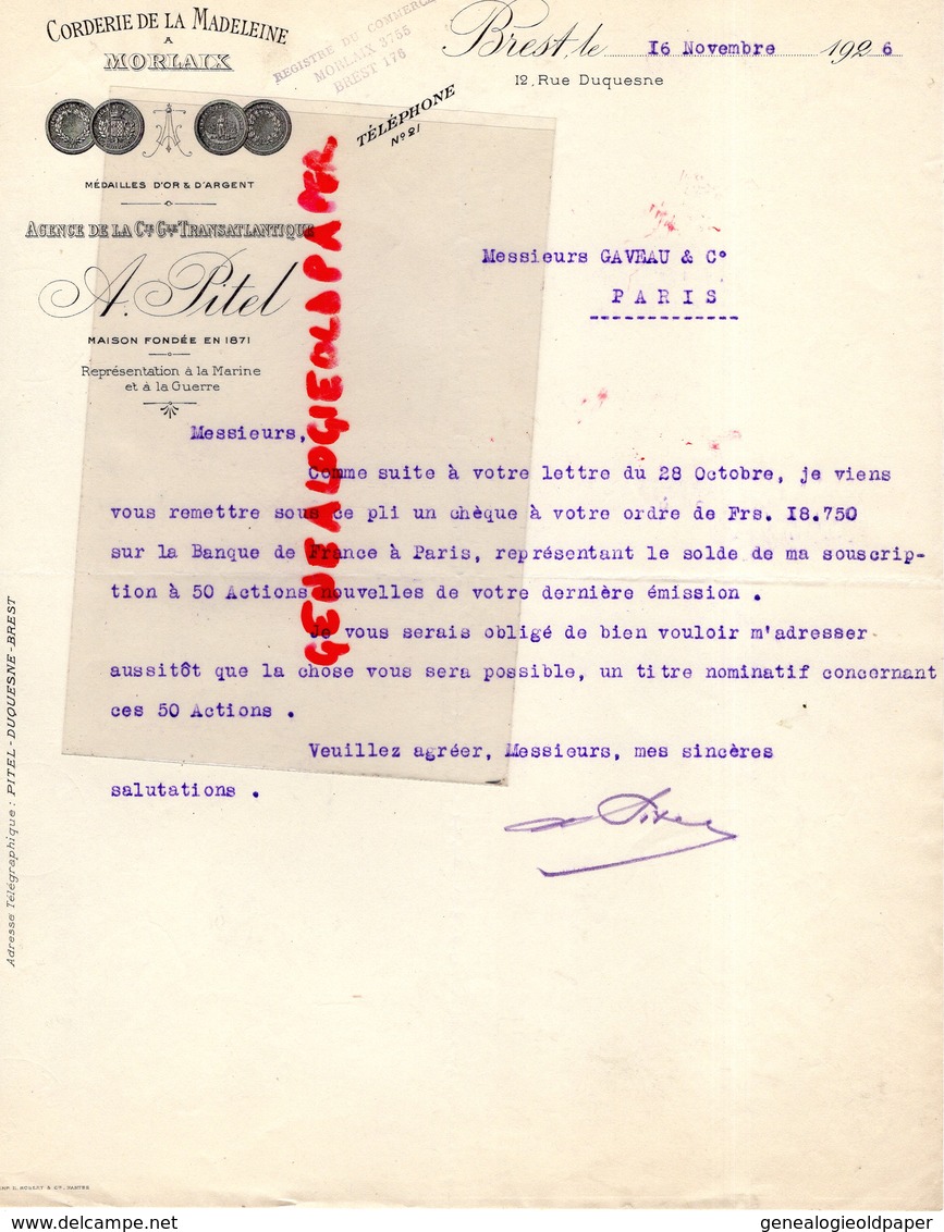 29 - BREST - RARE LETTRE CORDERIE DE LA MADELEINE A MORLAIX- AGENCE CGT-COMPAGNIE GENERALE TRANSATLANTIQUE-1926 - Artigianato