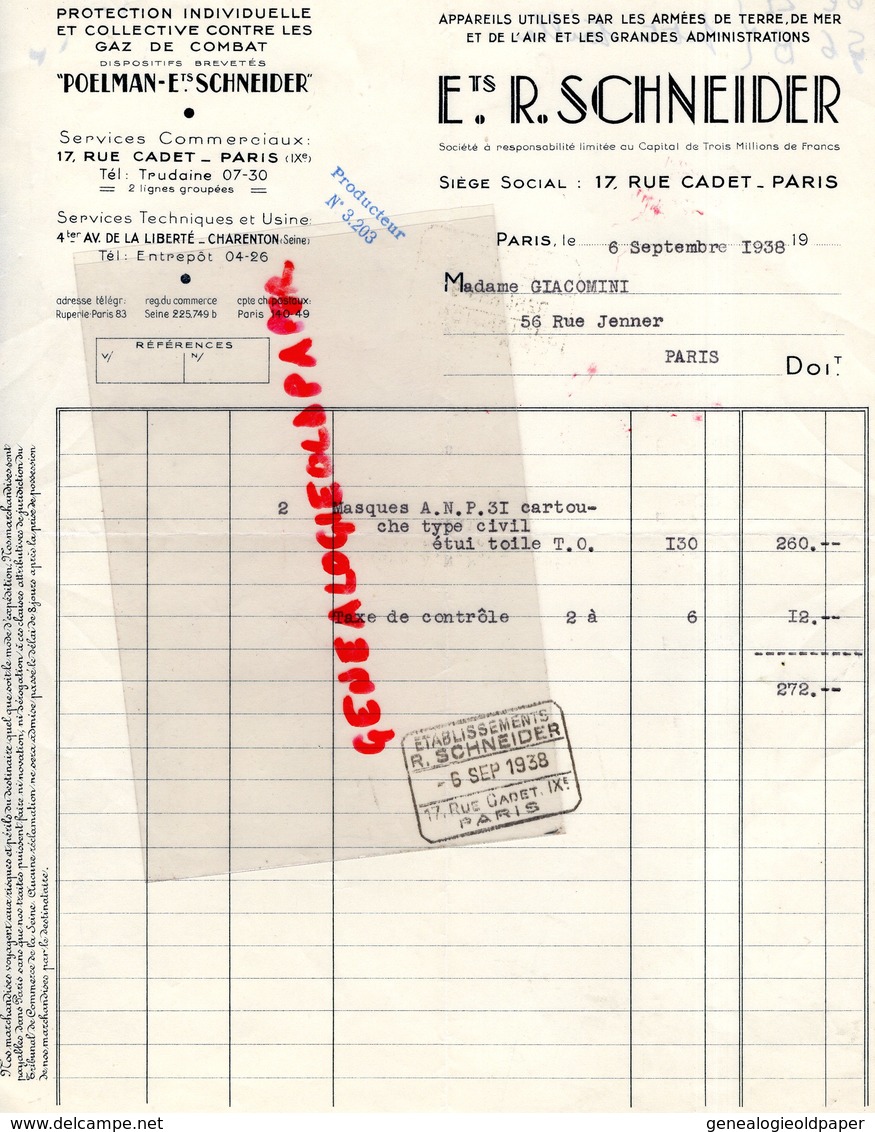 75- PARIS - RARE FACTURE R. SCHNEIDER-POELMAN- GAZ DE COMBAT ARMEE TERRE MER AIR-PROTECTION CIVILE-17 RUE CADET-1938 - Petits Métiers