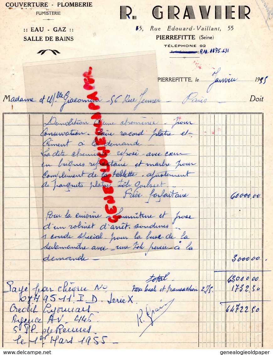 93- PIERREFITTE - RARE FACTURE R. GRAVIER-COUVREUR PLOMBIER-PLOMBERIE-FUMISTERIE-15 RUE EDOUARD VAILLANT-1955 - Petits Métiers