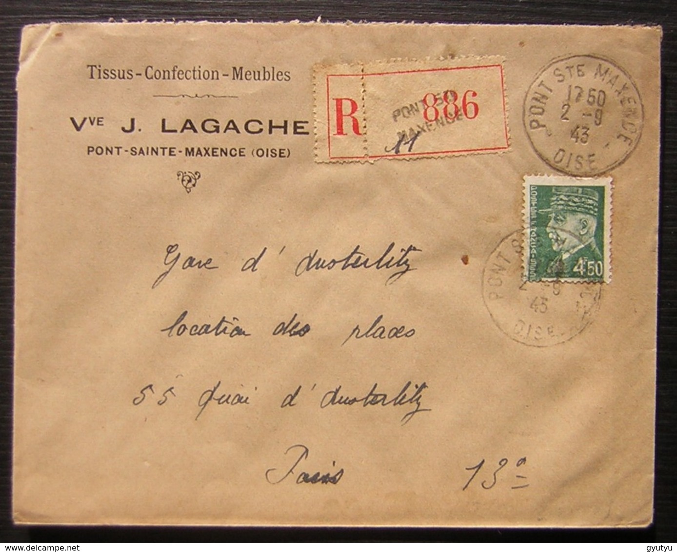 Pont Sainte Maxence (Oise) 1943 Lettre Recommandée De La Veuve J. Lagache Tissus Confection Meubles , Timbre Pétain - 1921-1960: Période Moderne