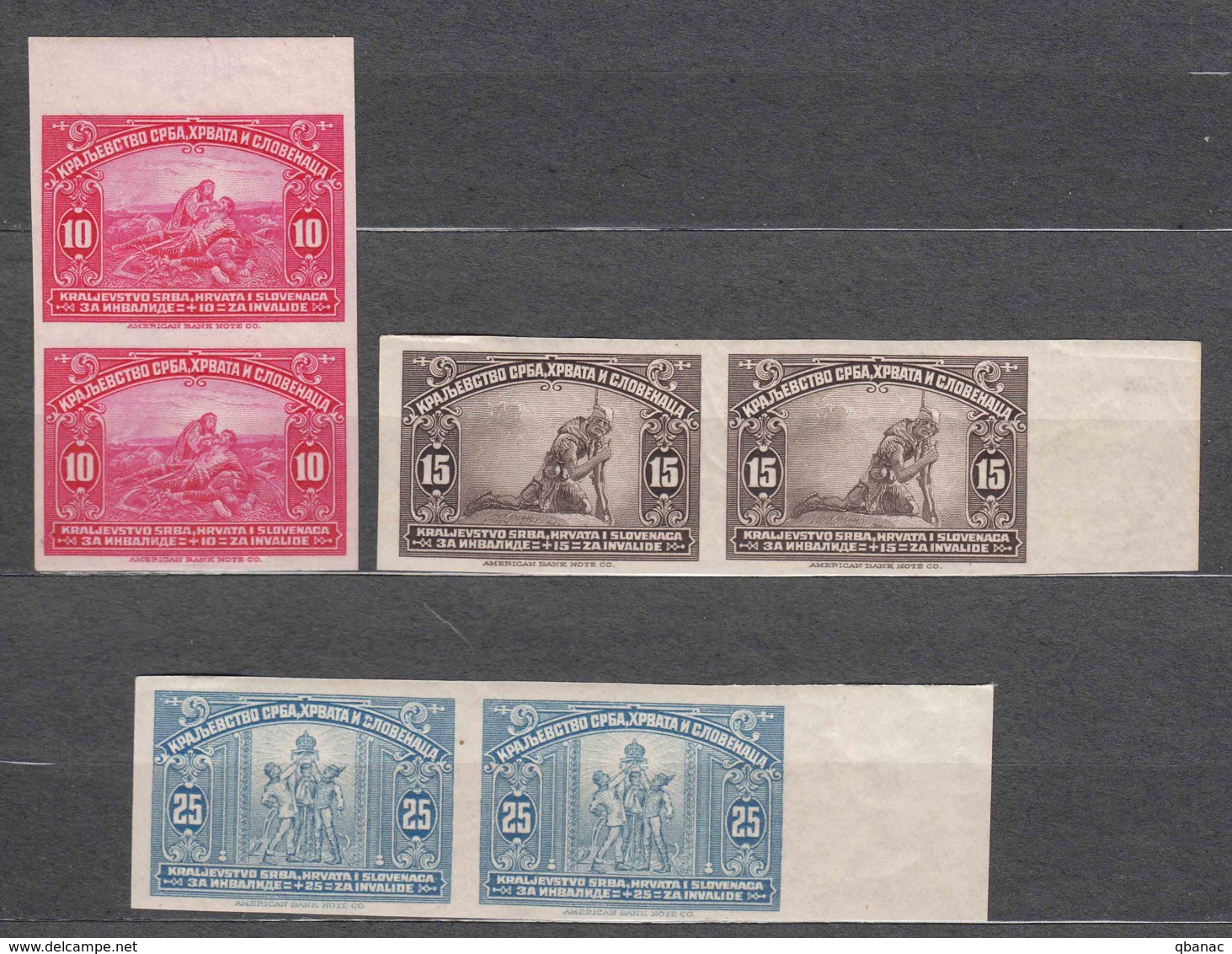 Yugoslavia Kingdom 1921, American Banknote Issue Mi#159-161 U - Imperforated Pairs,  Original Gum With Hinge Mark - Ongebruikt