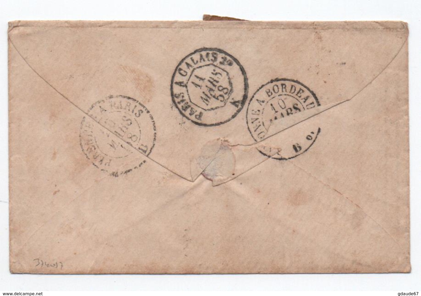 1858 - ENVELOPPE De MAUBOURGUET (HAUTES PYRENEES) Pour LA NOUVELLE ORLEANS (ETATS UNIS) Avec PC 1926 Sur N° 14 X2 & 16 - 1849-1876: Période Classique