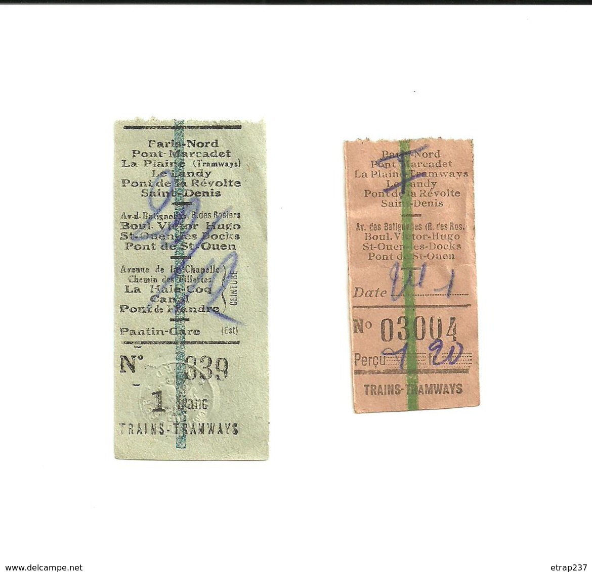 2 Tickets Anciens. Trains - Tramways. Paris.  Voir Description - Europe