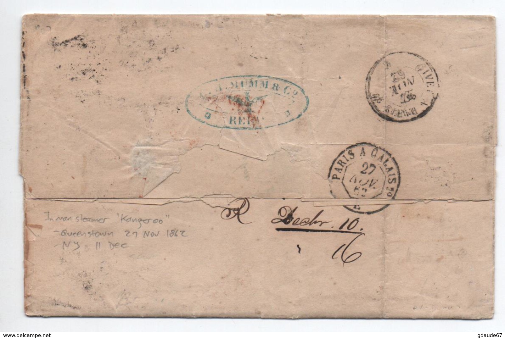 1862 - LETTRE TRIPLE PORT De REIMS (MARNE) Pour NEW YORK (ETATS UNIS / USA) Avec PC 2642 Sur PAIRE + 1 N° 17 - 1849-1876: Periodo Classico