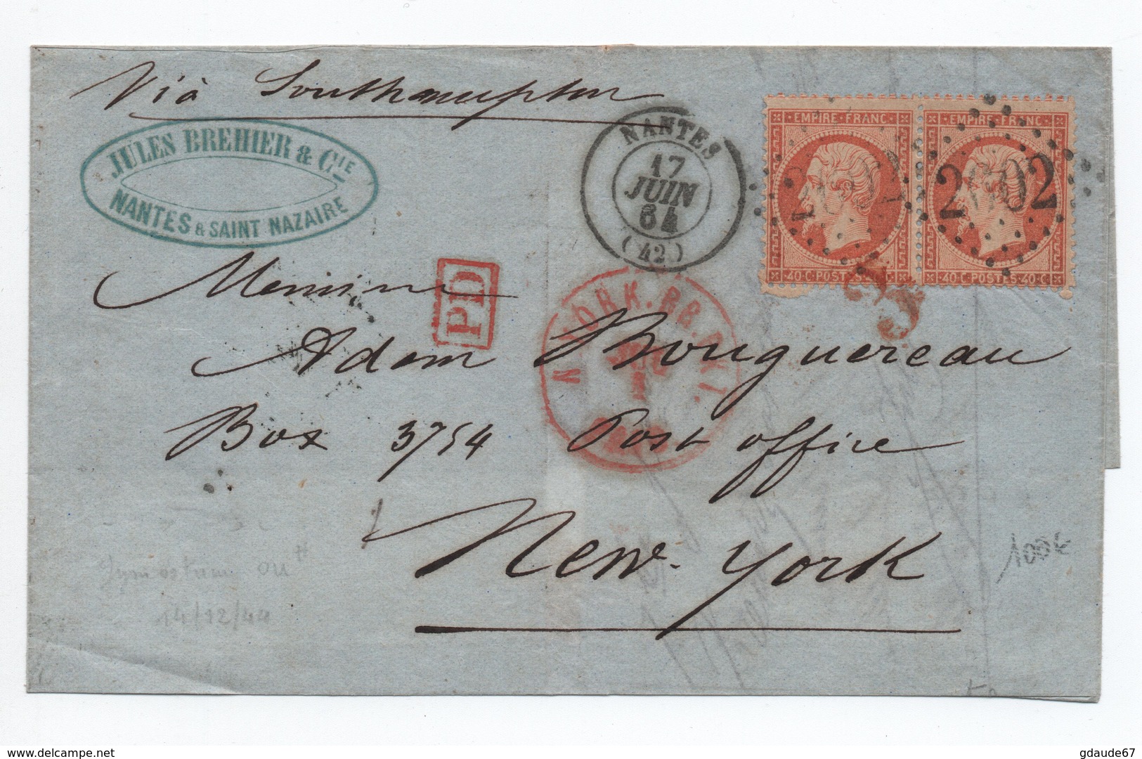 1864 - LETTRE De NANTES (LOIRE ATLANTIQUE) Pour NEW YORK (ETATS UNIS / USA) Avec GC 2602 Sur PAIRE N° 23 - 1849-1876: Période Classique