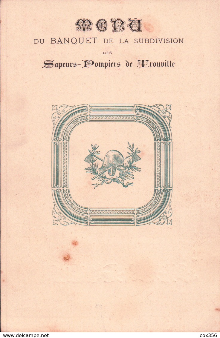 MENU De La Subdivision Des SAPEURS POMPIERS De TROUVILLE à La CHAUMIÈRE NORMANDE 1905 - Menus