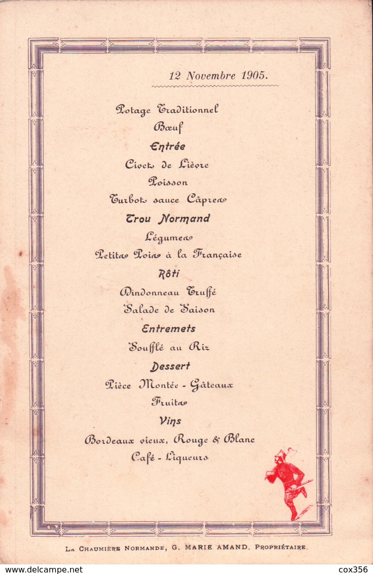 MENU De La Subdivision Des SAPEURS POMPIERS De TROUVILLE à La CHAUMIÈRE NORMANDE 1905 - Menus