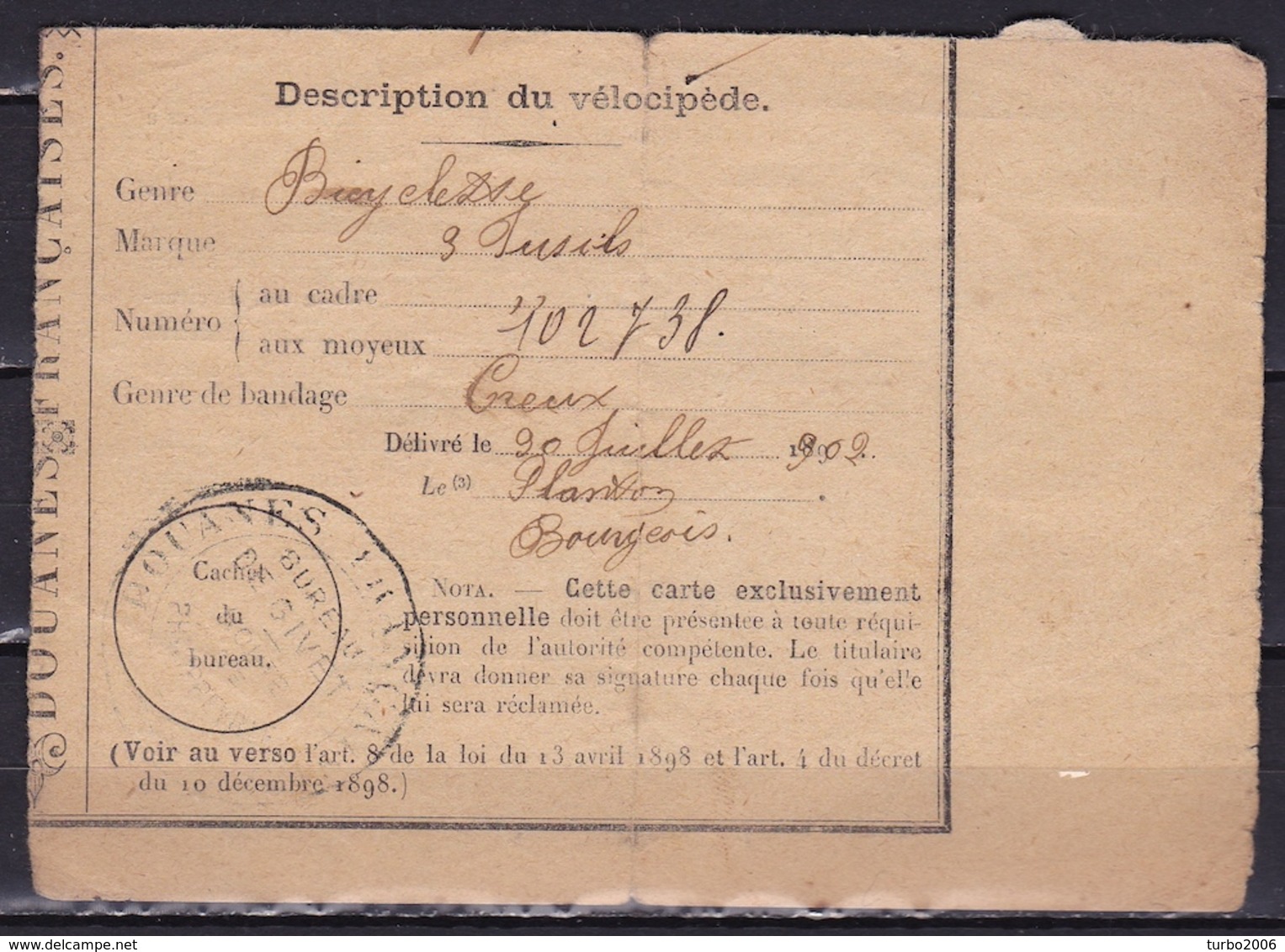 1902 Description Du Vélocipede / Customs Bike Registration Label From Douanes Francaise Bureau Givet - Historische Documenten