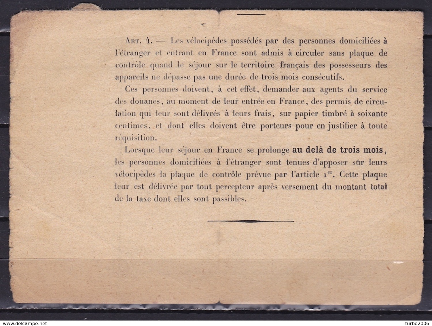 1902 Description Du Vélocipede / Customs Bike Registration Label From Douanes Francaise Bureau Givet - Historische Documenten