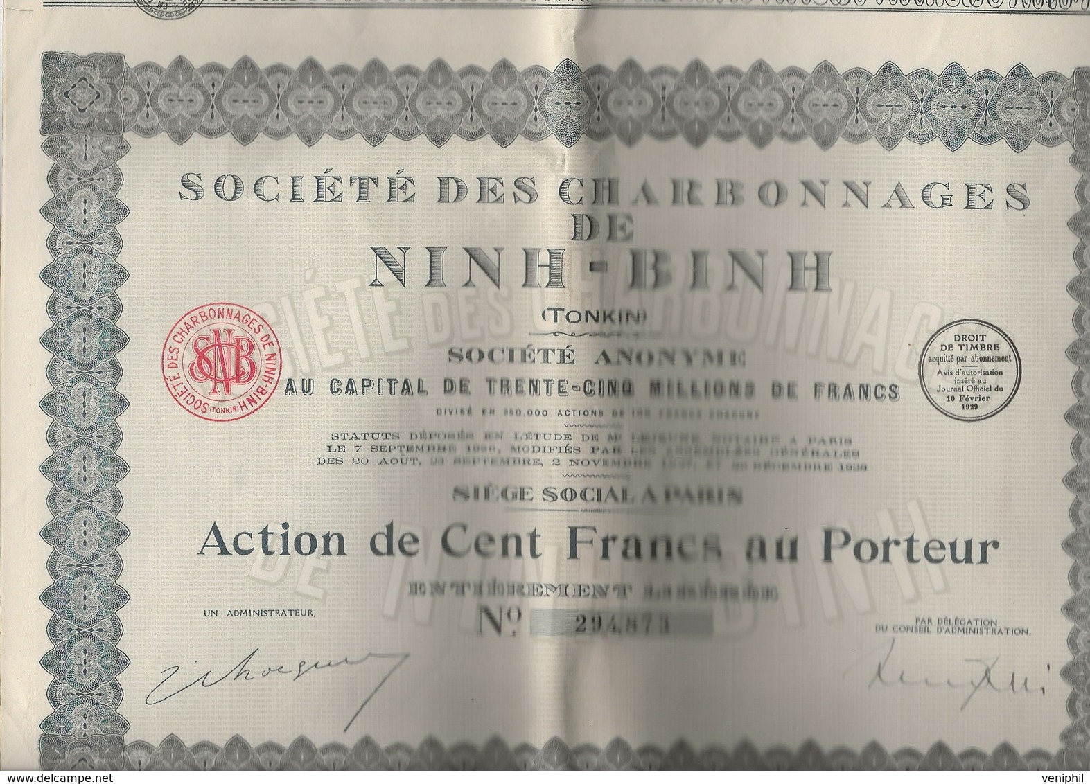 SOCIETE DES CHARBONNAGES DE NINH-BINH -TONKIN - LOT DE 8 ACTIONS -ANNEE 1928 - Mines