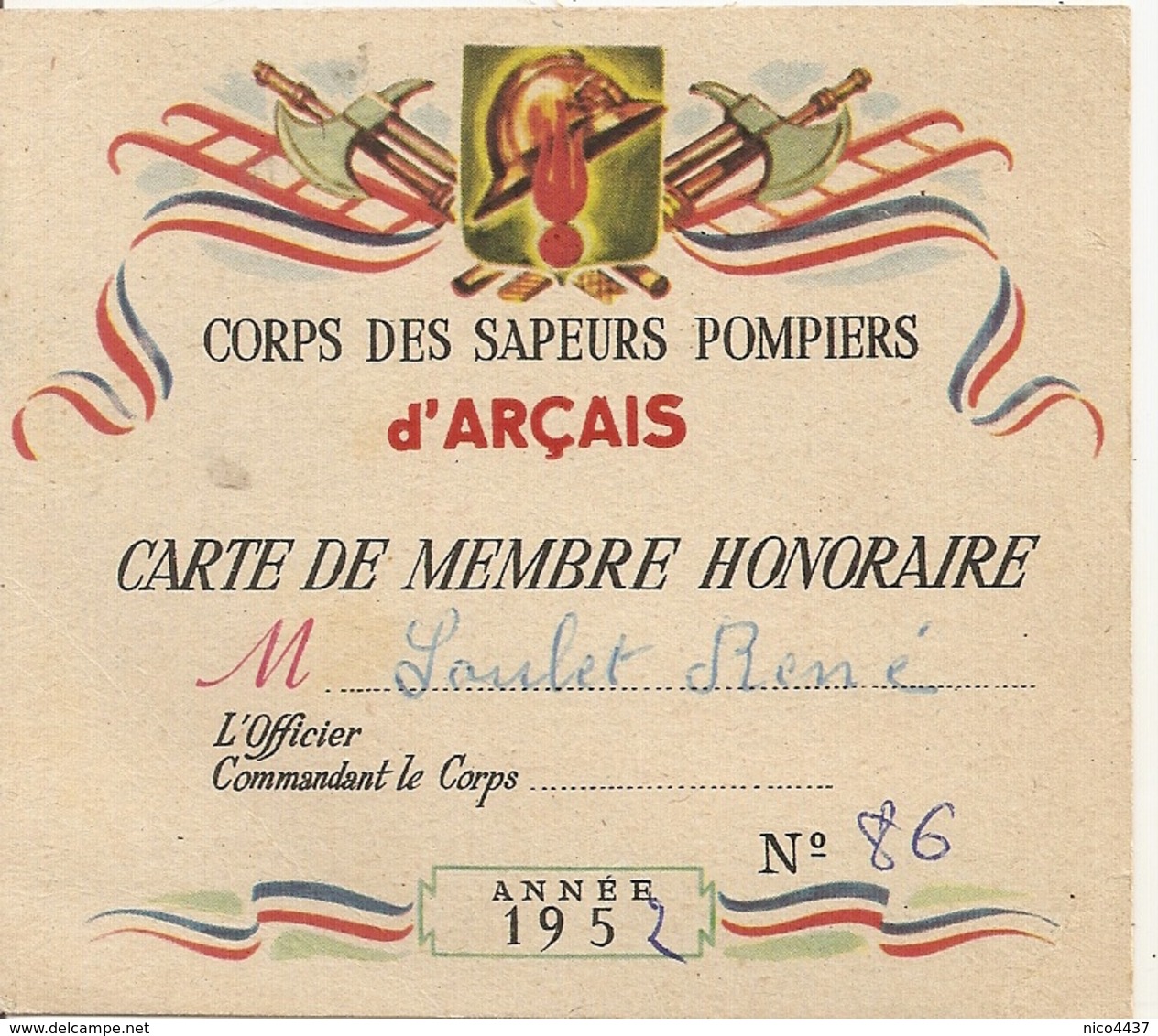 Arçais Corps Des Sapeurs Pompiers Carte De Membre Honoraire 1952 - Autres & Non Classés