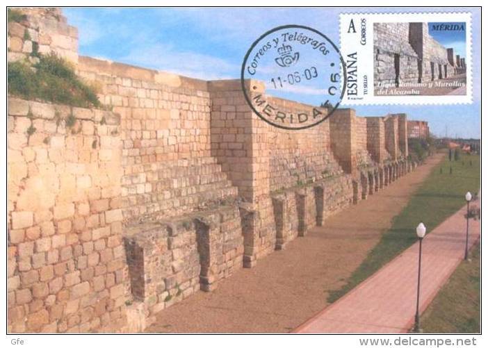 Spain Maxicard – España Tarjeta Máxima Con Sello Personalizado Del Dique Romano Y Murallas Del Alcazaba De Mérida - Arqueología