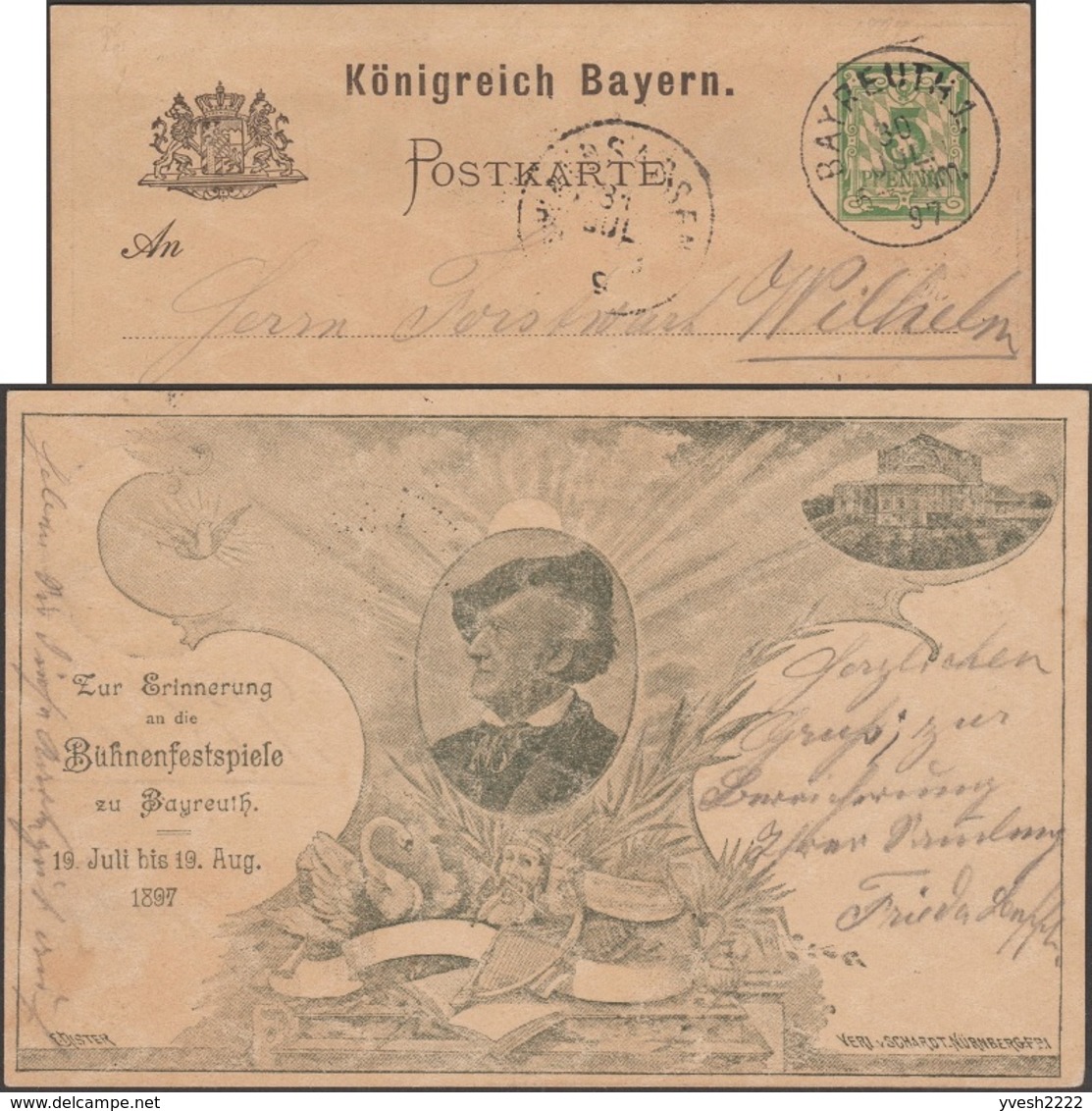 Bavière 1897. Entier Postal Commémoratif. Festival De Bayreuth 1897. Richard Wagner, Cygne (Löhengrin), Colombe, Harpe - Music