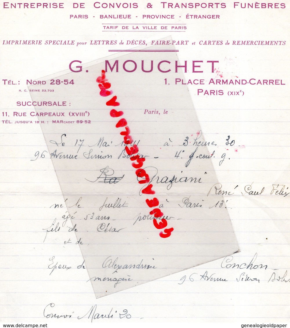 75- PARIS- RARE LETTRE G. MOUCHET-ENTREPRISE CONVOIS TRANSPORTS FUNEBRES-IMPRIMERIE LETTRES DECES-1941 - Transport