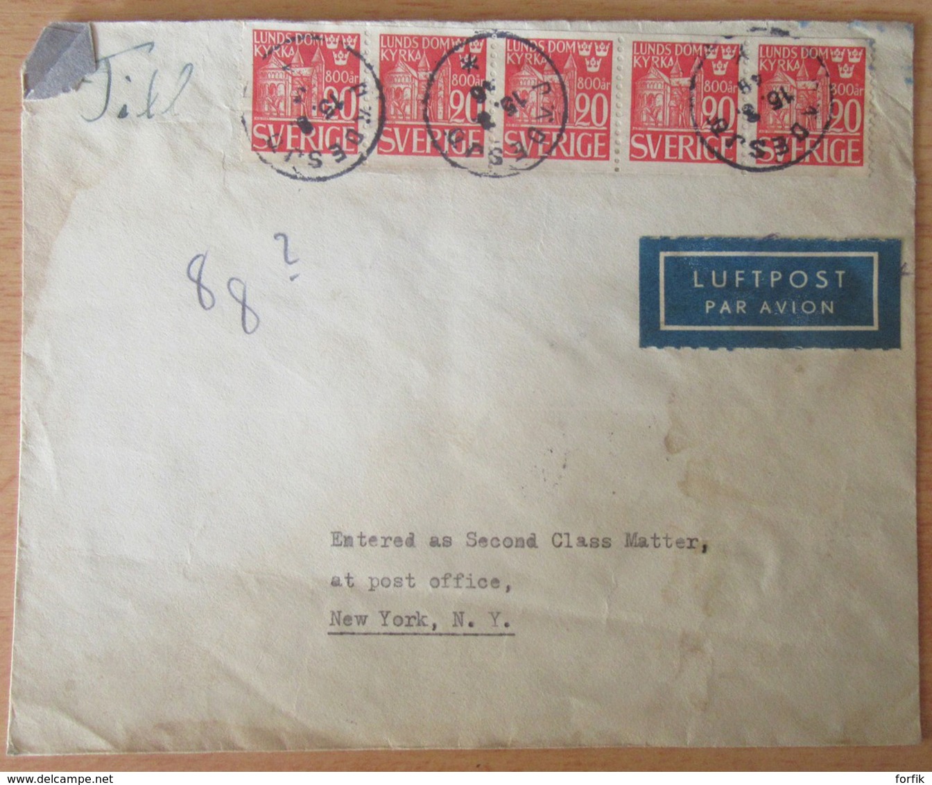 Suède / Sverige - Enveloppe Vers Etats-Unis (New-York) - Bande De 5 Timbres  YT N°320 - Cachet 1946 - 1930- ... Coil Stamps II