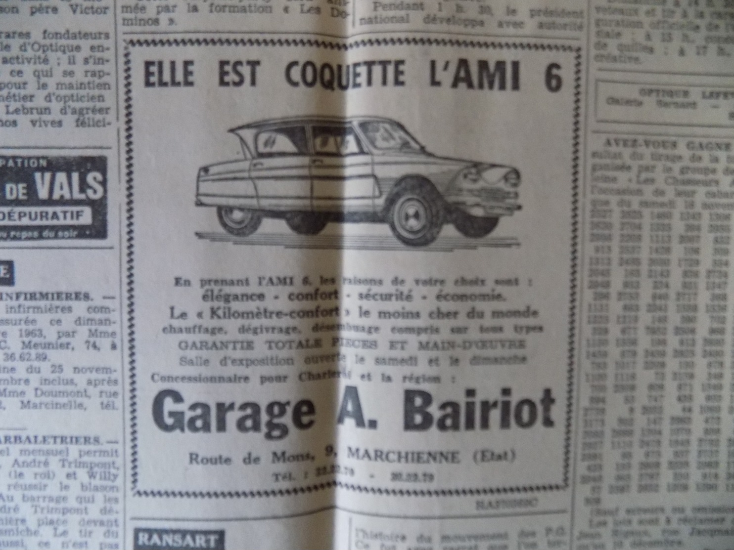 Publicité De Presse // Citroen Ami6 - Garage A. Bairiot à Marchienne - Autres & Non Classés