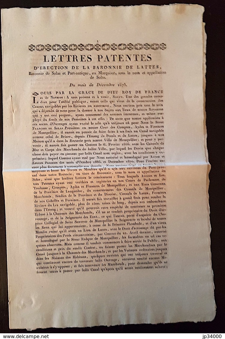 LETTRES PATENTES D'ERECTION DE LA BARRONIE DE LATTES Du Mois De Decembre 1675. Concerne Le Canal Du Midi. - Languedoc-Roussillon