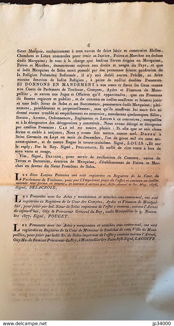 LETTRES PATENTES D'ERECTION DE LA BARRONIE DE LATTES Du Mois De Decembre 1675. Concerne Le Canal Du Midi. - Languedoc-Roussillon