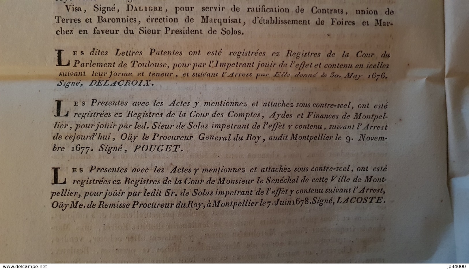 LETTRES PATENTES D'ERECTION DE LA BARRONIE DE LATTES Du Mois De Decembre 1675. Concerne Le Canal Du Midi. - Languedoc-Roussillon