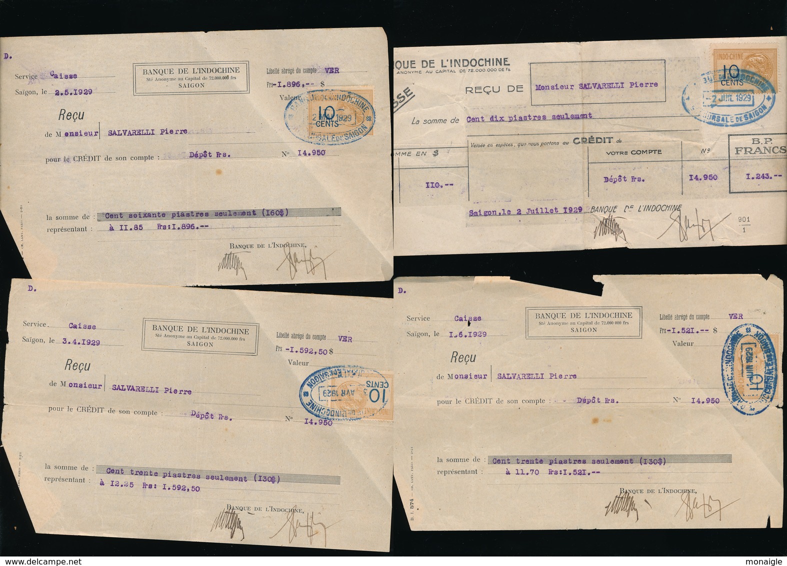 RARE Lot Timbre Fiscal Banque De L 'INDOCHINE Années 20/30  SAIGON - 10 Cents Médaillon à Droite - 20 Timbres Fiscaux - Vietnam