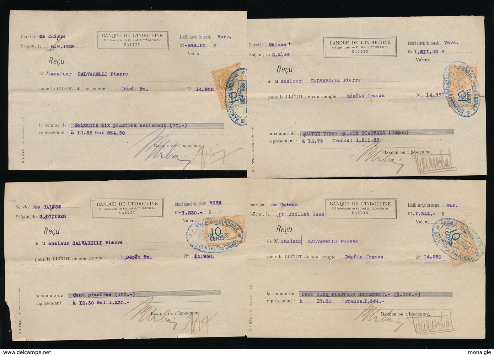 RARE Lot Timbre Fiscal Banque De L 'INDOCHINE Années 20/30  SAIGON - 10 Cents Médaillon à Droite - 20 Timbres Fiscaux - Viêt-Nam