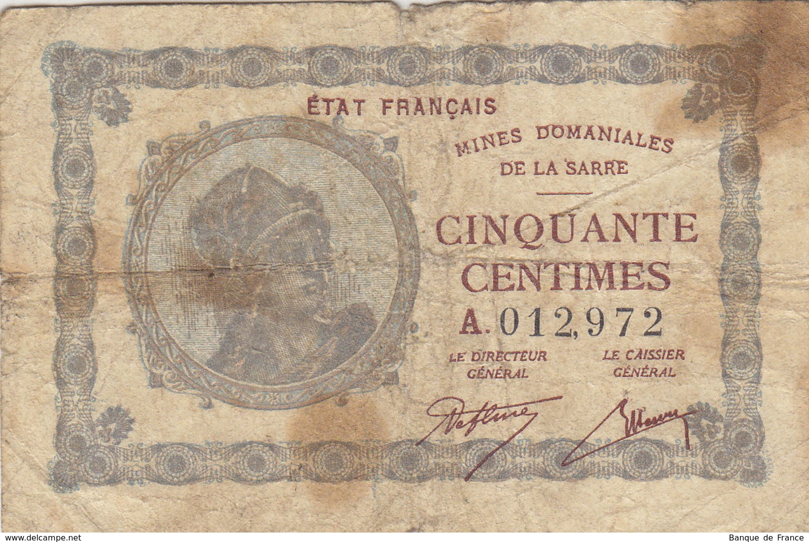 Billet 50 C Centimes Mines Domaniales De La Sarre 1920 FAY  VF 50.1 Lettre A 012.972 - 1947 Sarre