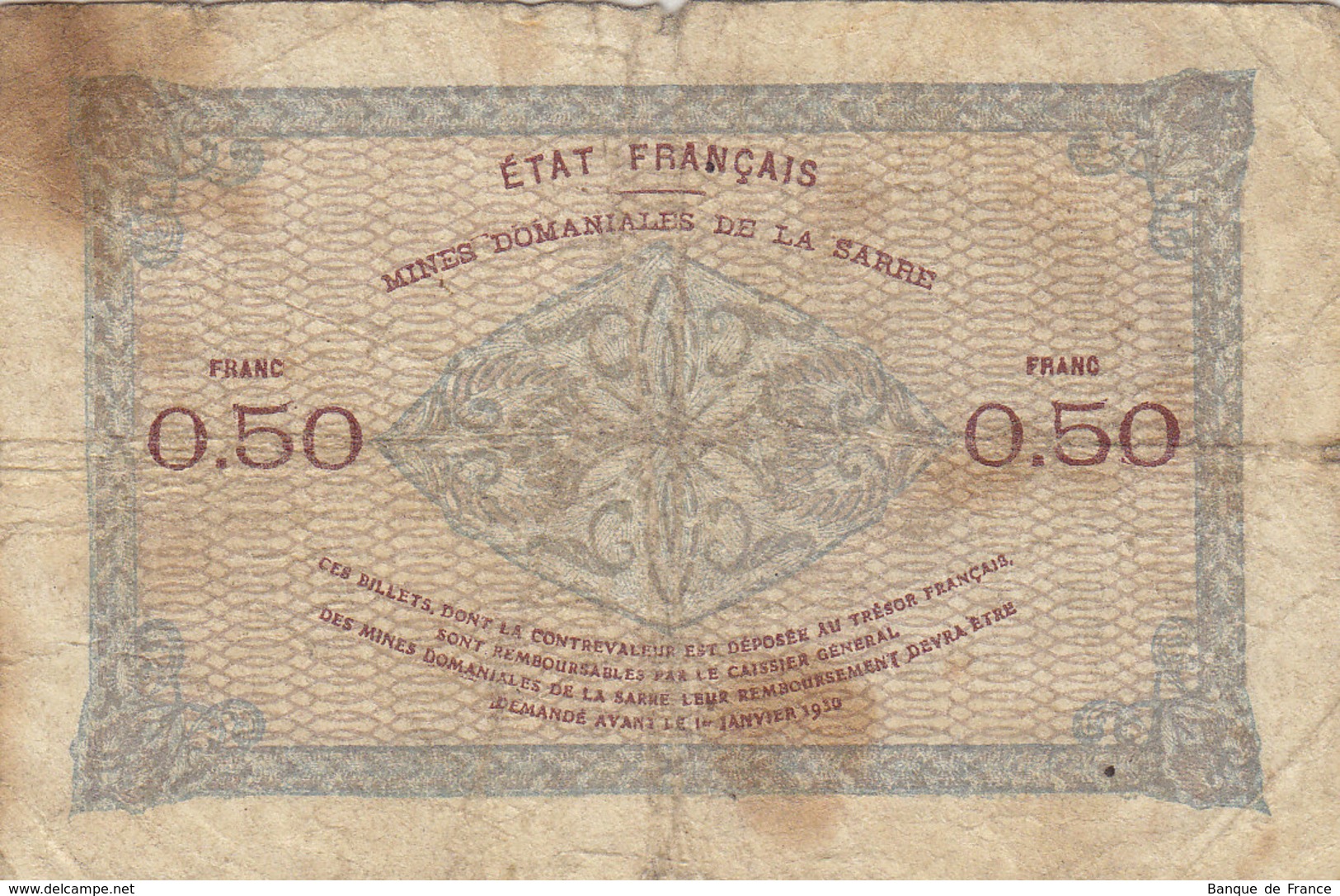 Billet 50 C Centimes Mines Domaniales De La Sarre 1920 FAY  VF 50.1 Lettre A 012.972 - 1947 Sarre