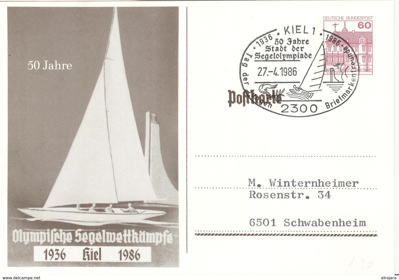 GERMANY Olympic Stationery Card Cancel 50 Years Sailing Olympic Games Kiel 1936 - 1986 - Summer 1936: Berlin