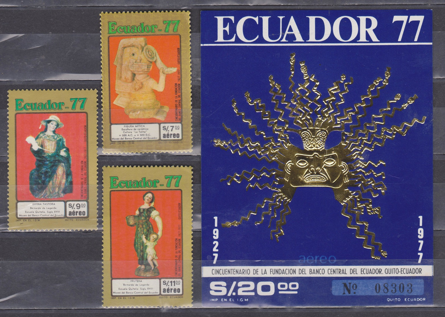 ECUADOR 1977 CENTRAL BANK 50TH ANNIVERSARY SCULPTURES & SOUVENIR SHEET GOLD MASK MNH SC# C603-C606 - Equateur