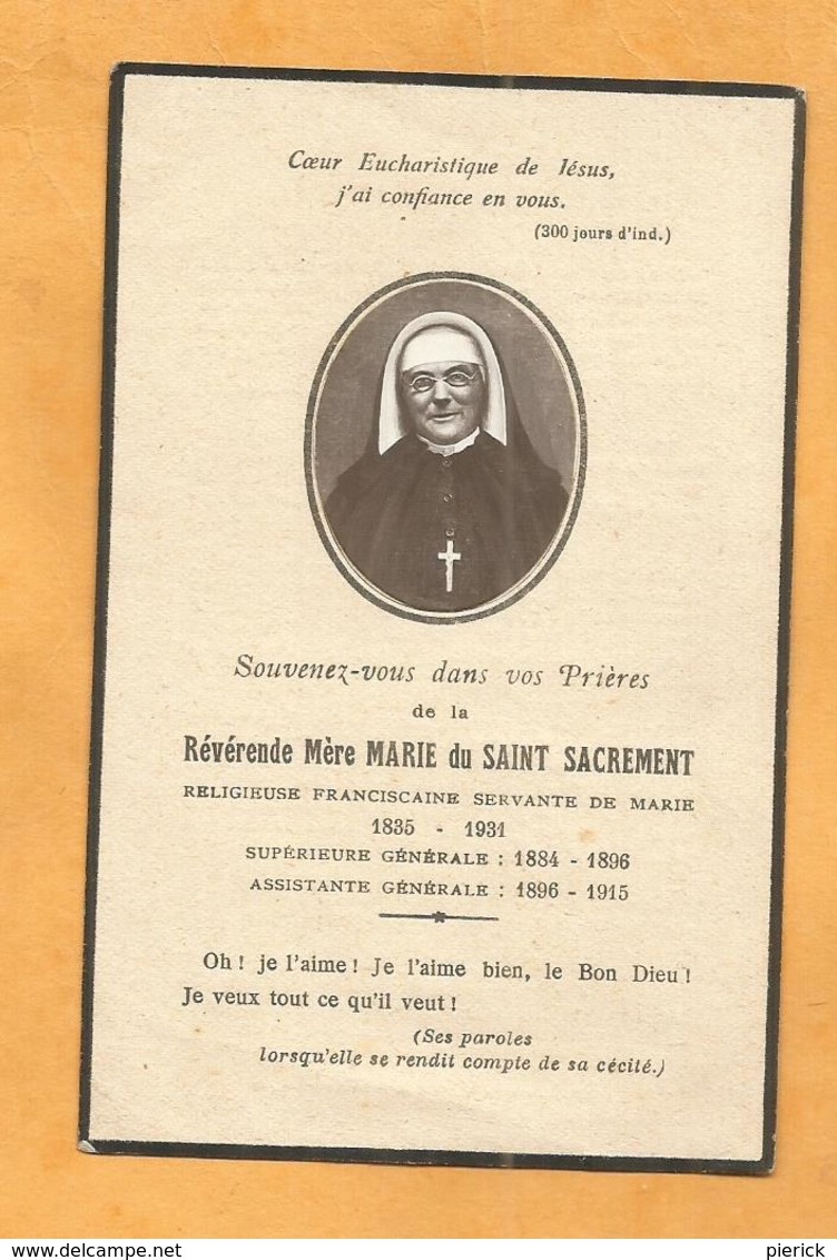 IMAGE GENEALOGIE FAIRE PART AVIS DECES CARTE MORTUAIRE FRANCISCAINE MARIE SAINT SACREMENT SUPERIEURE  1835 1931 - Décès