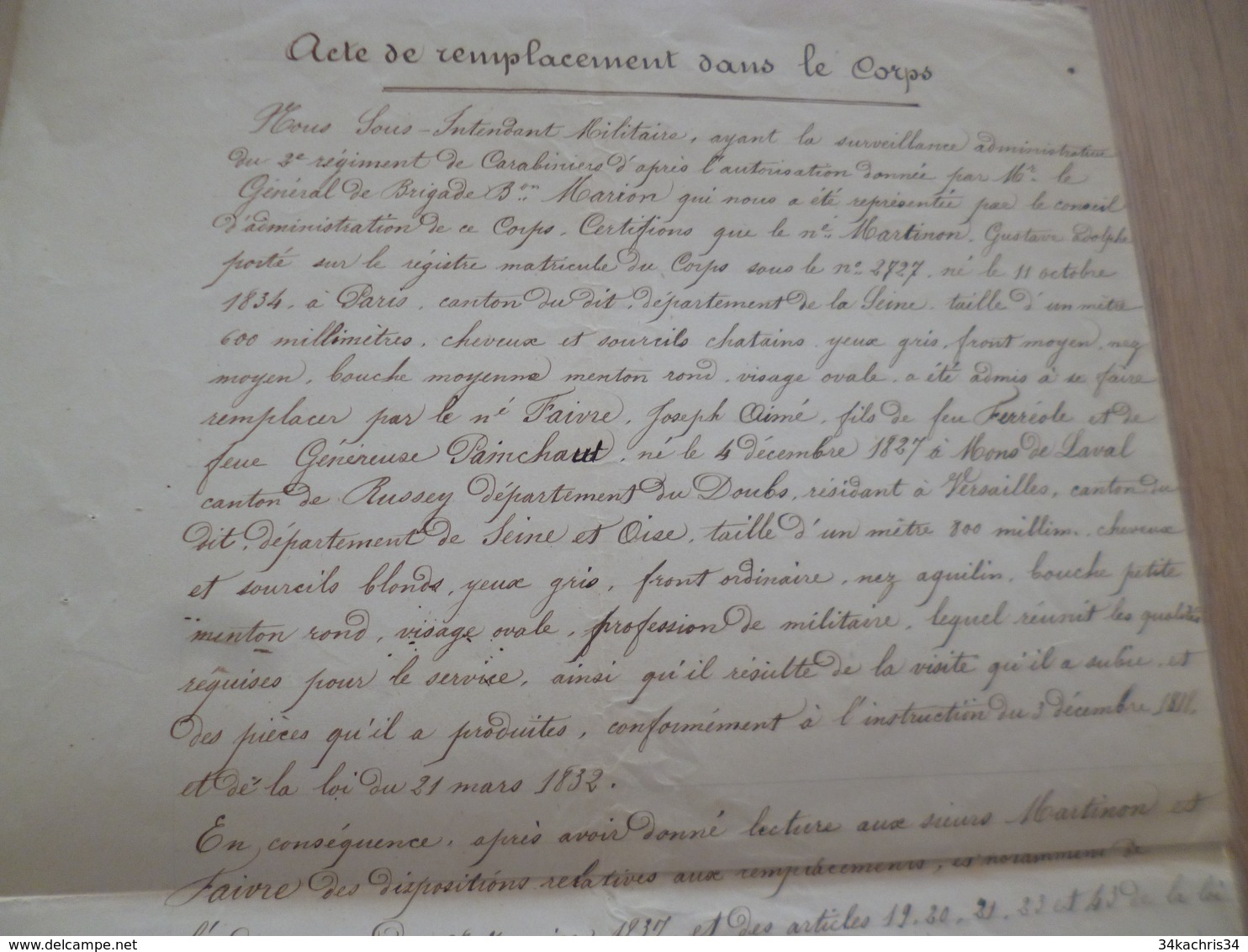 Acte De Remplacement Dans Le Corps Versailles 04/02/1 855 2ème Régiment Carabiniers Martinon Gustave - Documenten