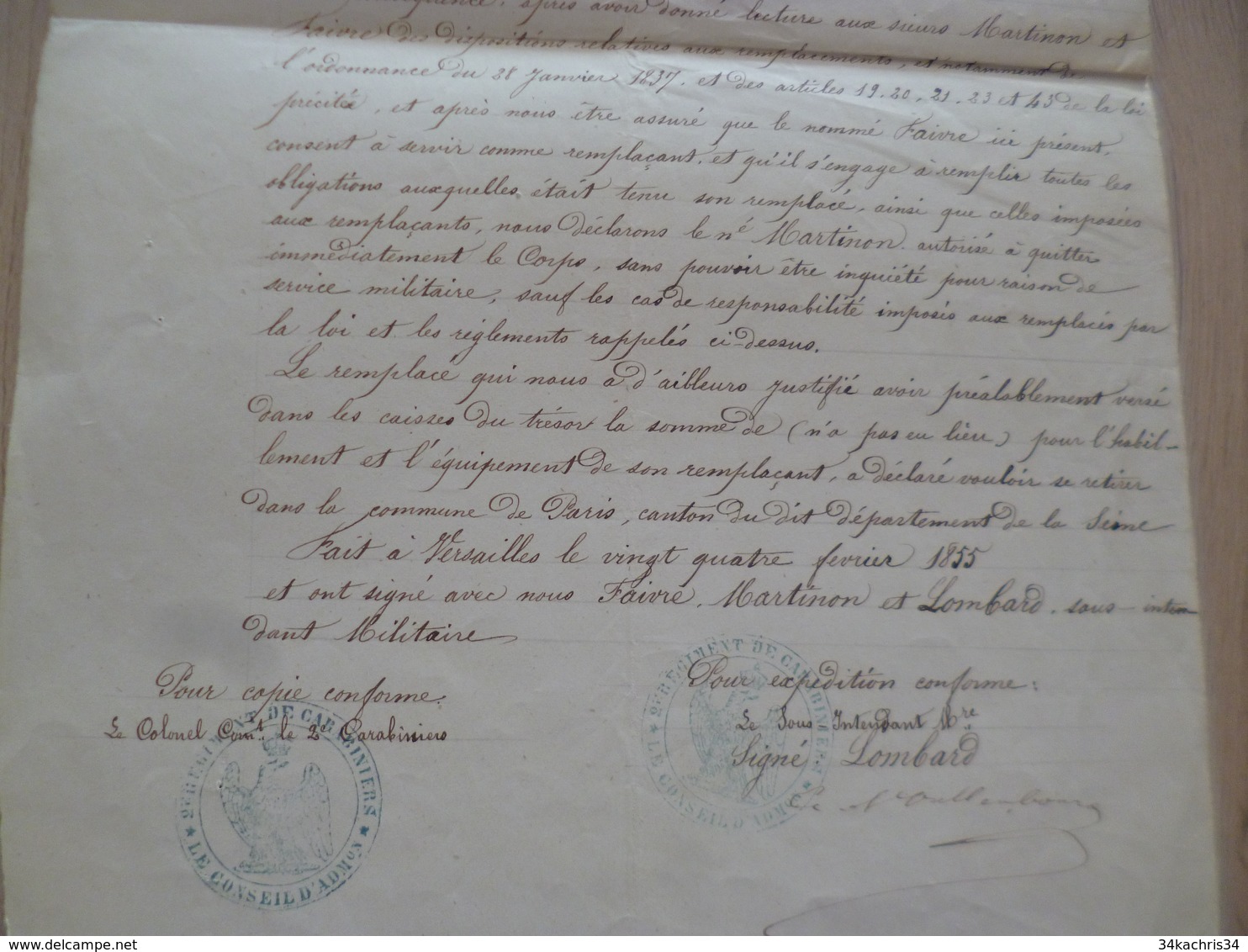 Acte De Remplacement Dans Le Corps Versailles 04/02/1 855 2ème Régiment Carabiniers Martinon Gustave - Documents
