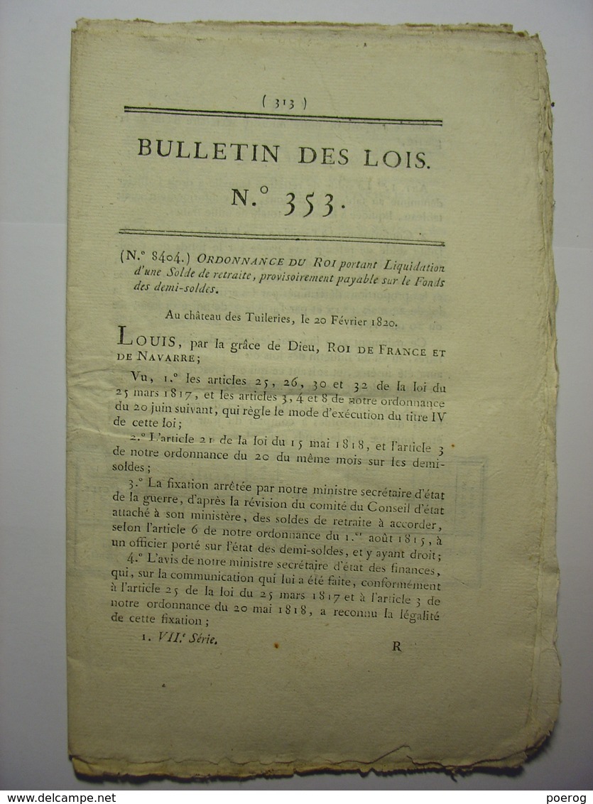 BULLETIN DES LOIS 28 MARS 1820 - GENDARMERIE D'ELITE - FINISTERE - POUDRES - GENDARMERIE DES CHASSES ET VOYAGES DU ROI - Décrets & Lois