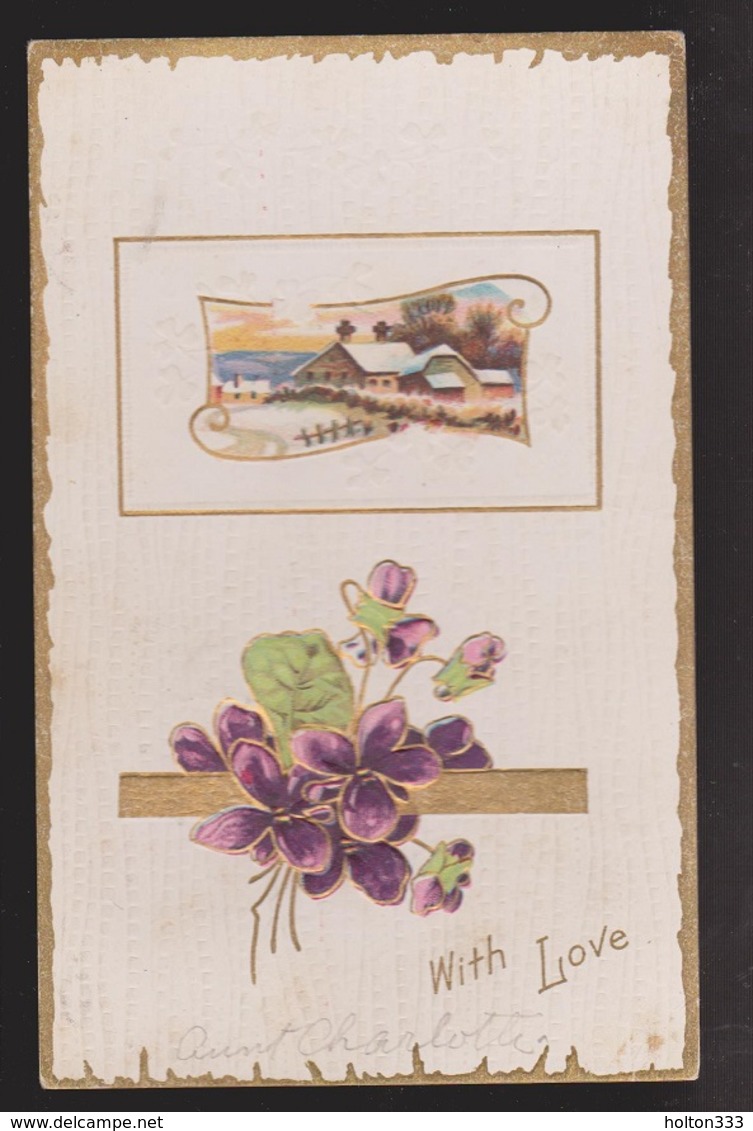 General Greetings - With Love Flowers & Country House - Used 1911 - Embossed - Greetings From...