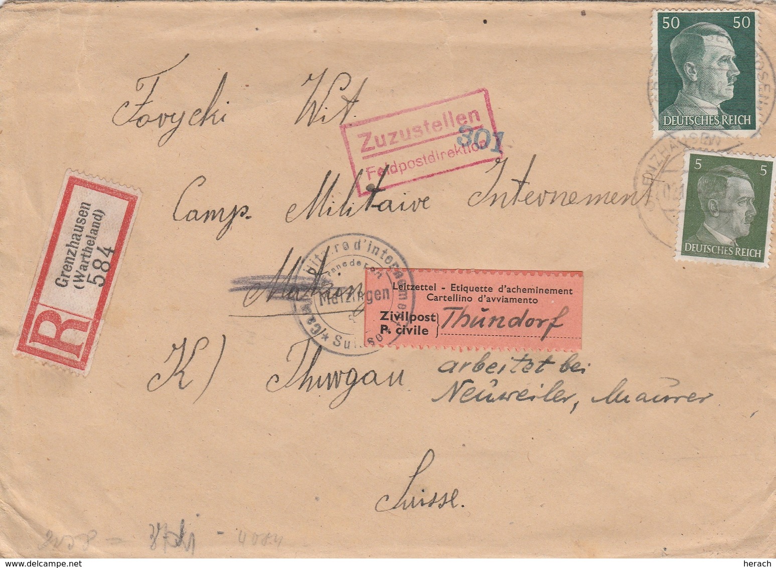 Allemagne Lettre Recommandée Grenzhausen Censurée Pour Le Camp Matzingen En Suisse 1942 - Storia Postale