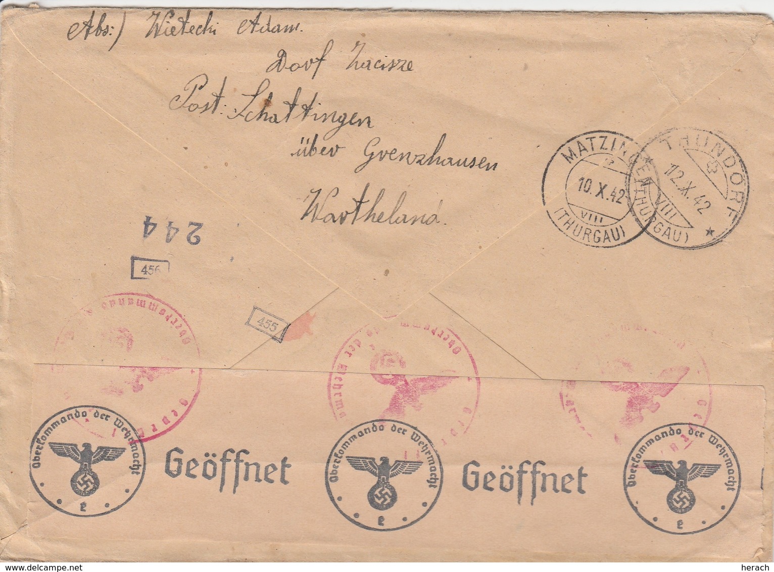 Allemagne Lettre Recommandée Grenzhausen Censurée Pour Le Camp Matzingen En Suisse 1942 - Storia Postale