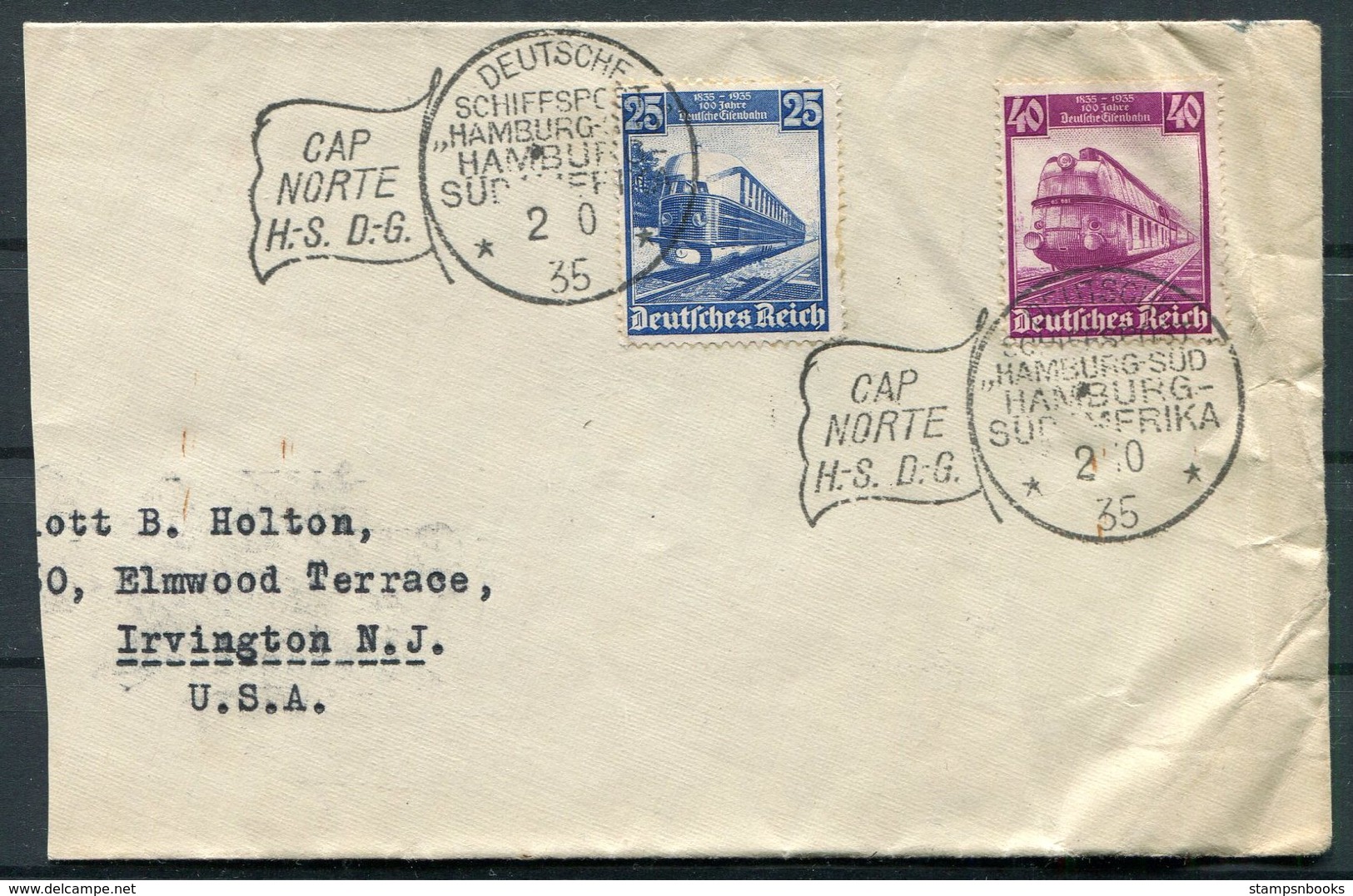 1935 Bahn. DR Deutsche Seepost Hamburg Sudamerika CAP NORTE H.S.D.G. Ship Schiffspost Cover. Rio De Janiero, Brazil. - Briefe U. Dokumente