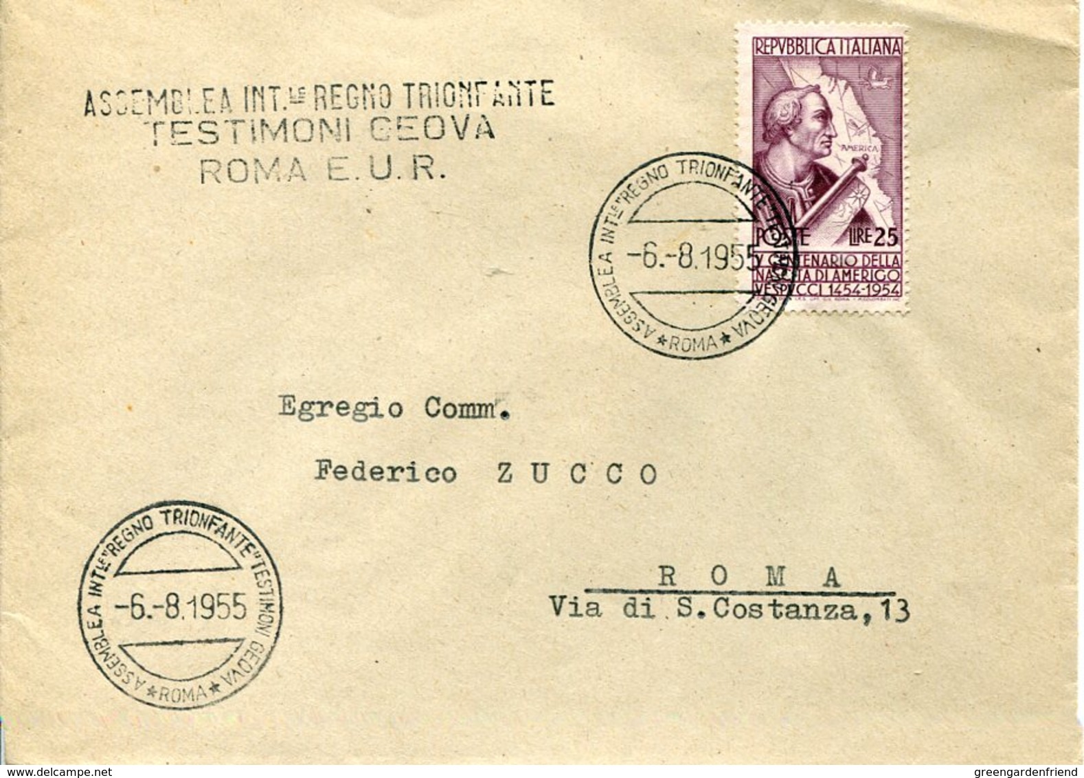 40075 Italia, Special Postmark Roma 1955 Assemblea Int.regno Trionfante Testimoni Geova,Jehovah Witnesses,RR - Christianity