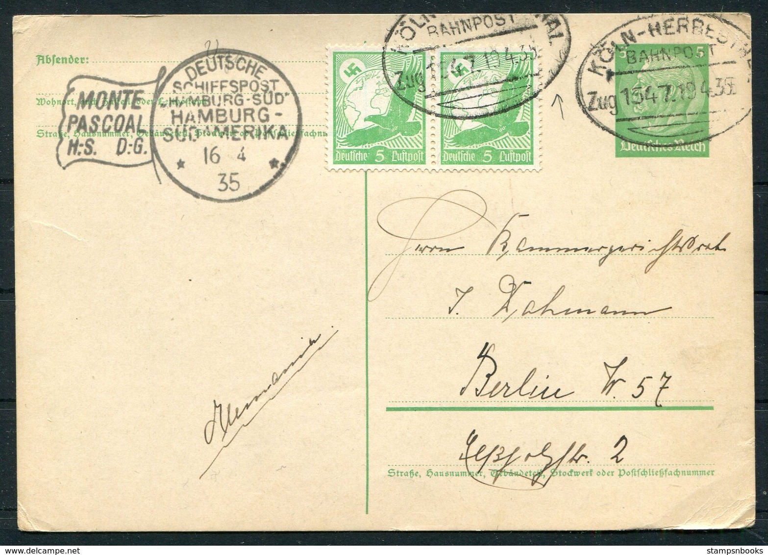 1935 DR Deutsche Seepost Hamburg Sudamerika MONTE PASCOAL H.S.D.G. Ship Schiffspost Stationery Postcard.Koln Bahnpost - Briefe U. Dokumente