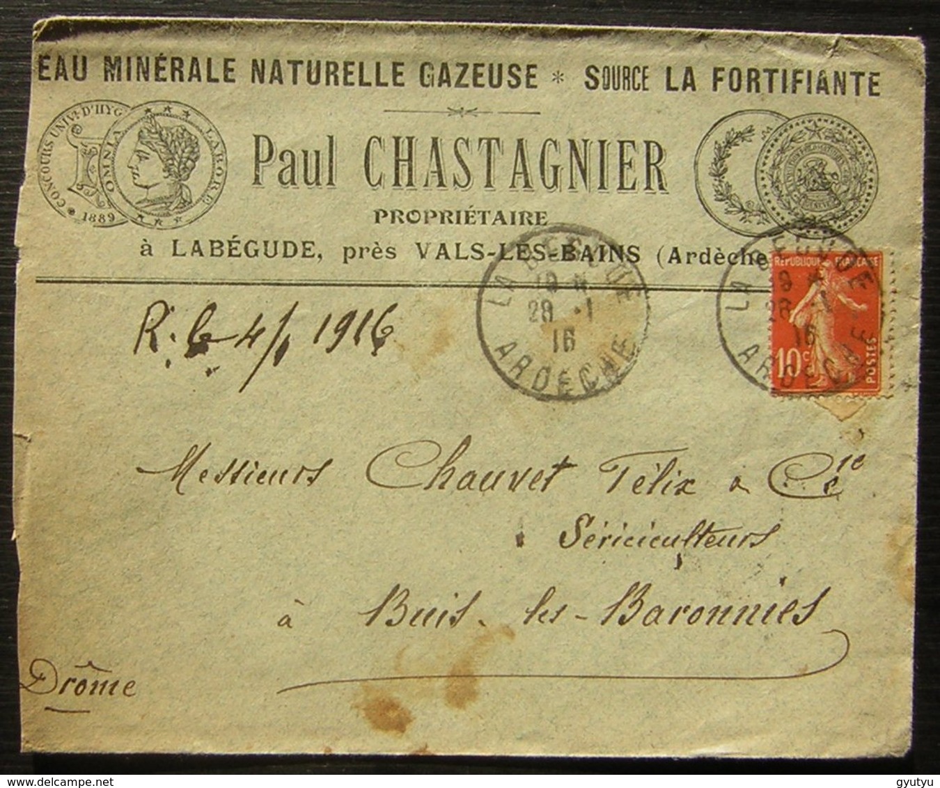 Labégude Près Vals Les Bains (Ardèche) 1916 Paul Chastagnier Eau Minérale Gazeuse Source La Fortifiante - 1877-1920: Période Semi Moderne